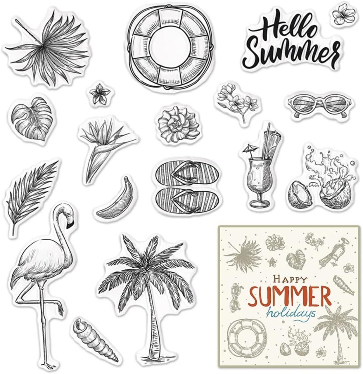 Summer Tree Words Clear Stamps for Card Making, Tropical Beach Flamingo Transparent Rubber Stamps for Bullet Journal DIY Scrapbook Decoration Handmade Crafts Notebook
